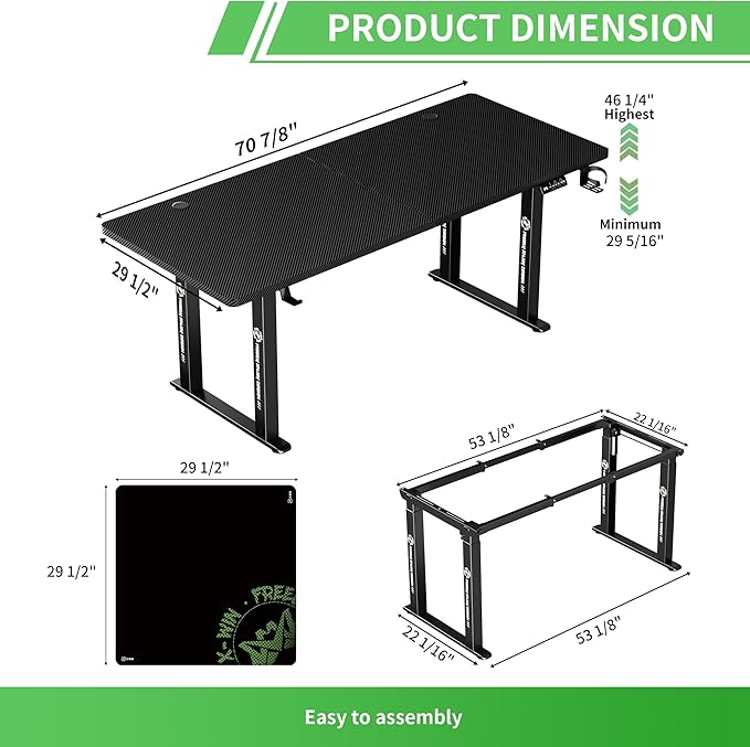 X-Win Electric Height Adjustable Standing Desk, 71" x 29.5" 4-Leg Ergonomic Sit to Stand for Home Office, Powerful Dual Motor Work Surface, Carbon Fiber Textured Black