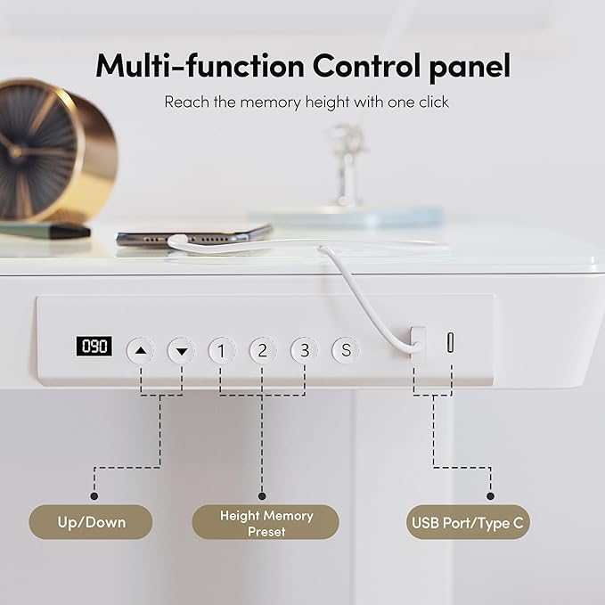 BANTI Electric Standing Desk with Drawers, 55 inch Whole-Piece Glass Desktop, Height Adjustable Stand up Sit Stand Home Office Ergonomic Workstation, White Tabletop