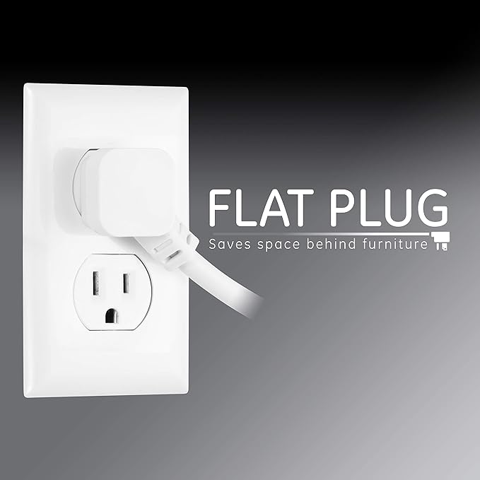 GE home electrical GE 6-Outlet Surge Protector, 4 Pack, 15 Ft Extension Cord, Power Strip, 800 Joules, Flat Plug, Twist-to-Close Safety Covers, Protected Indicator Light, UL Listed, White, 54651