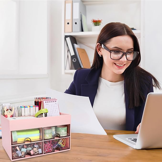Desk Organizer, Office Organizer with Drawer, Desk Accessories & Workspace Organizers, Pen Holder Office Supplies for Desk (4 Drawers+4 Compartments, Pink)