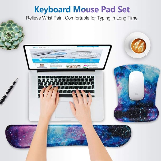 ToLuLu Keyboard Wrist Rest Pad Ergonomic Mouse Pad Set, Cute Gel Mouse Pad for Computer Laptop, Non Slip Mousepad Keyboard Wrist Support Raised Memory Foam for Easy Typing Pain Relief, Nebula Galaxy