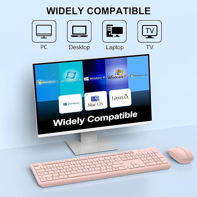Wireless Keyboard and Mouse Combo, Full-Size Silent Ergonomic Keyboard and Optical Mouse, Long Battery Life, 2.4GHz Lag-Free Cordless Mice Keyboard for Computer, Mac, Laptop, PC, Windows(Pink)