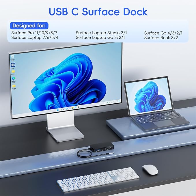 MS Surface Thunderbolt 4 Dock Triple Display 4K HDMI*2+VGA, 12 in 1 Surface Pro Docking Station with Power Adapter for Surface Pro 11/10/9/8/X/7+/7, Laptop 7/6/5/4/3, Laptop Go, Studio