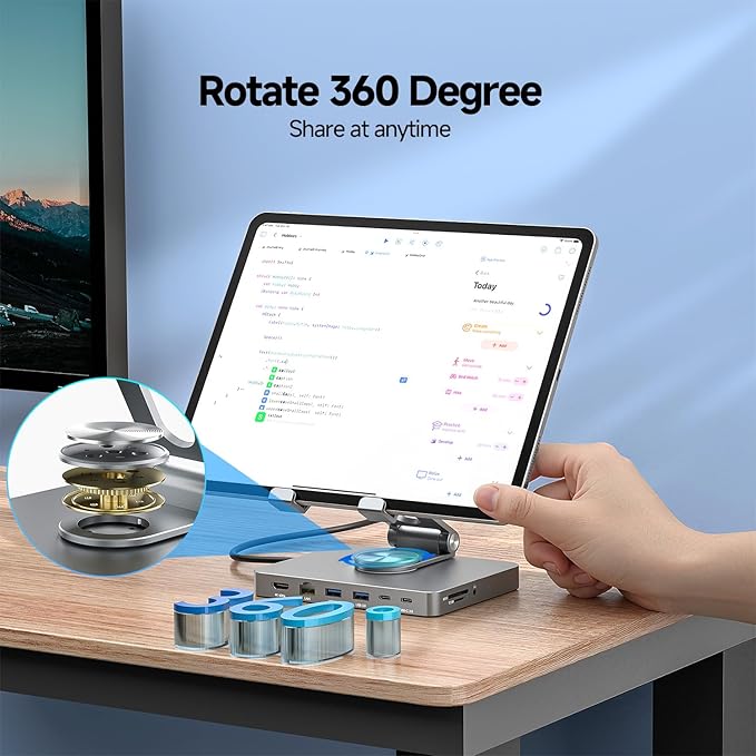 iPad Pro USB C Hub Stand,10 in 1 Rotatable Multiport Adapter for iPad M4 M3 M2 Inch Docking Station 4K 60Hz HDMI, PD, SD/TF Card Reader, USB 3.0, 3.5mm Audio, iPad Accessories for Home Office