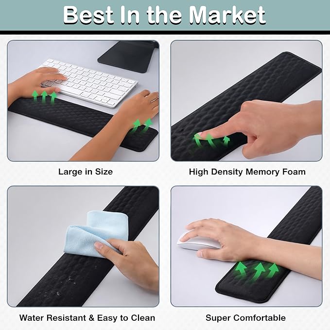 Ergonomic Memory Foam Keyboard Wrist Rest Pad, Extra-Wide Black, Soft Non-Slip Arm Cushion for Computer, Laptop & Desk | Pain Relief & Typing Comfort for Office & Gaming Use