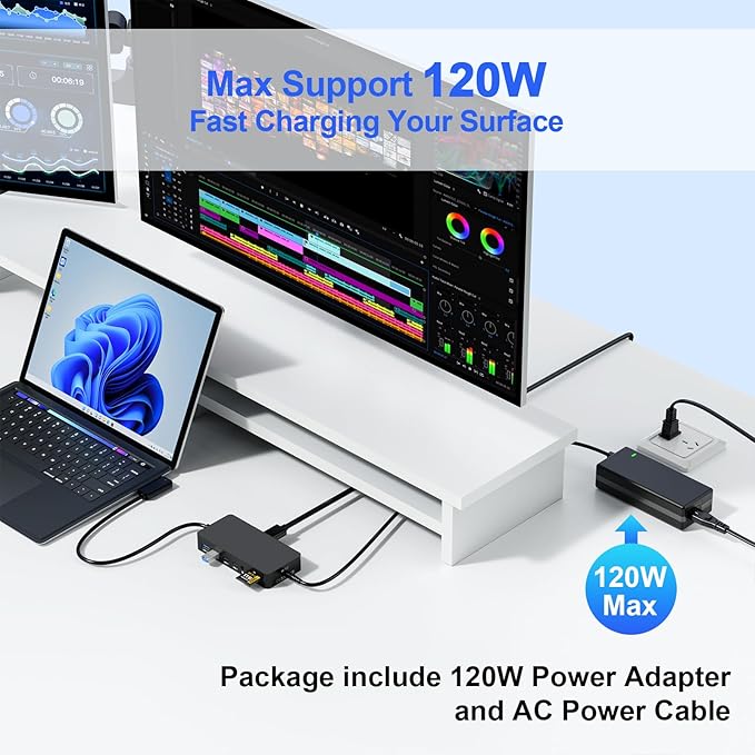 New Surface Dock Triple Displays 4K HDMI+DP+Thunderbolt 4, 12 in 1 Surface Pro Docking Station with 120W Power Adapter for Surface Pro 11/10/9/8/X/7/6/5/4/3, Surface Laptop, Surface Book Go