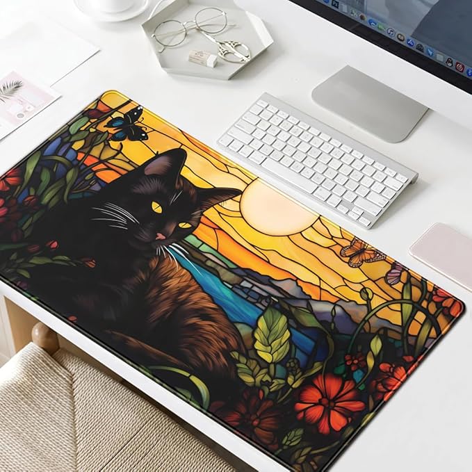 Black Cat Desk Mat Retro Flower Mouse Pad Large Mousepad, Enamel Aesthetic Gaming Mouse Pad Boho Desk Pad Large Decor Computer Mat, with Stitched Eges Non-Slip Base Mouse Pads Accessories 31.5"x15.7"