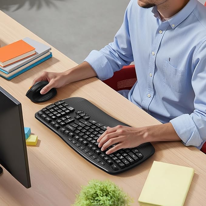 MEETION Wireless Ergonomic Keyboard, Wave Keys Wrist Rest for Natural Typing, 2.4G USB-A Cordless Receiver and USB-C Adapter, Ergo Computer Keyboard Compatible with Windows/Mac/PC/Laptop, Black