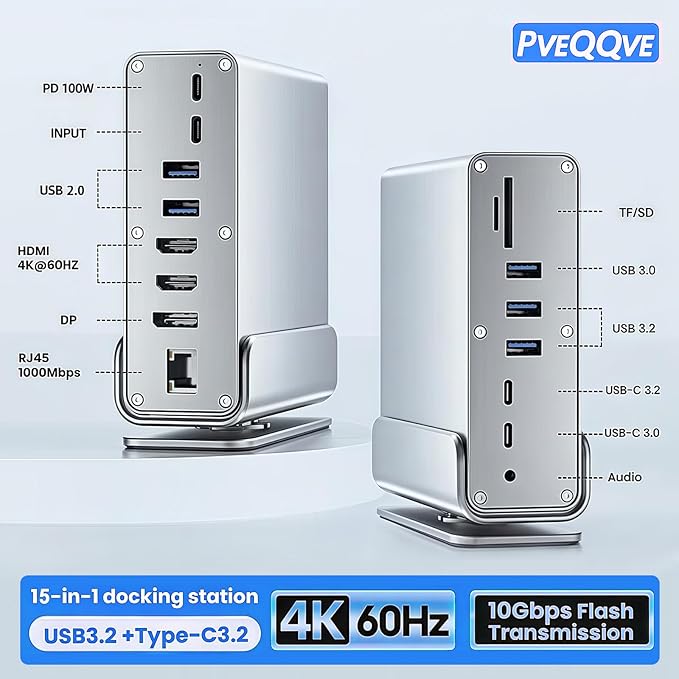 【15-in-1 USB C Hub & Vertical Docking Station 3 Monitors】 Dual Monitor 2 HDMI and Triple Monitor Includes DP,10Gbps USB 3.2, SD/TF, Gigabit Ethernet -for Dell/HP/Lenovo, MacBook/Surface,Phone ect.