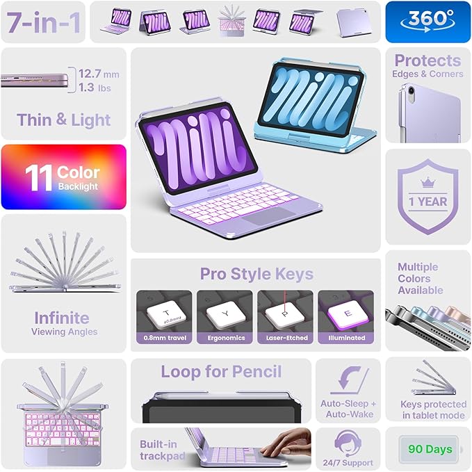 typecase Keyboard Case for iPad mini 7 (2024) & mini 6 (2021) - Wireless Case with Keyboard for iPad mini 7th 6th Generation 8.3" - 11 Colors Backlit Keyboard Cover with Trackpad - Light Purple
