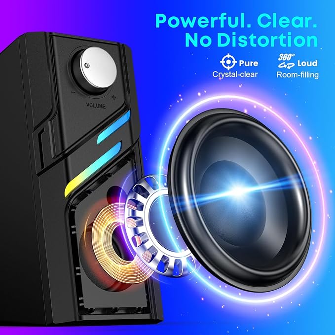 LENRUE Computer Speakers for Desktop PC with Easy Knob, Clear Powerful Sound, Touch Lights, Plug and Play for Computer Desktop PC, Monitors, Laptop