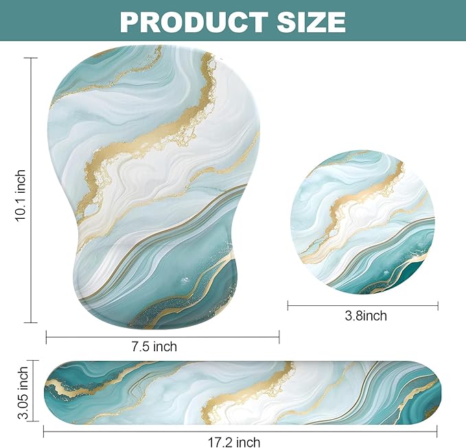 Ergonomic Mouse Pad with Wrist Rest and Keyboard Wrist Rest, Gel Mousepad and Wrist Rest for Computer Keyboard, Pain Relief, Non-Slip PU Base, Mouse Pad Wrist Support for Gaming, Blue Green Marble