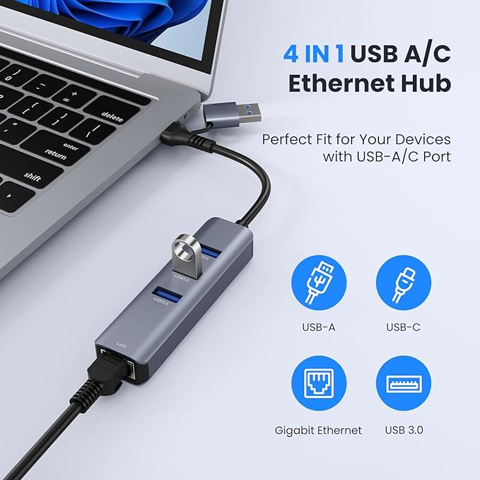 USB to Ethernet Adapter, ABLEWE USB 3.0/USB C to RJ45 Gigabit LAN (1000Mbps) Network Adapter, Compatible with MacBook/Pro/Air, iPhone 15/16 Pro/Max, iPad Pro, Surface Pro, Windows 11/10/8/7, MacOS