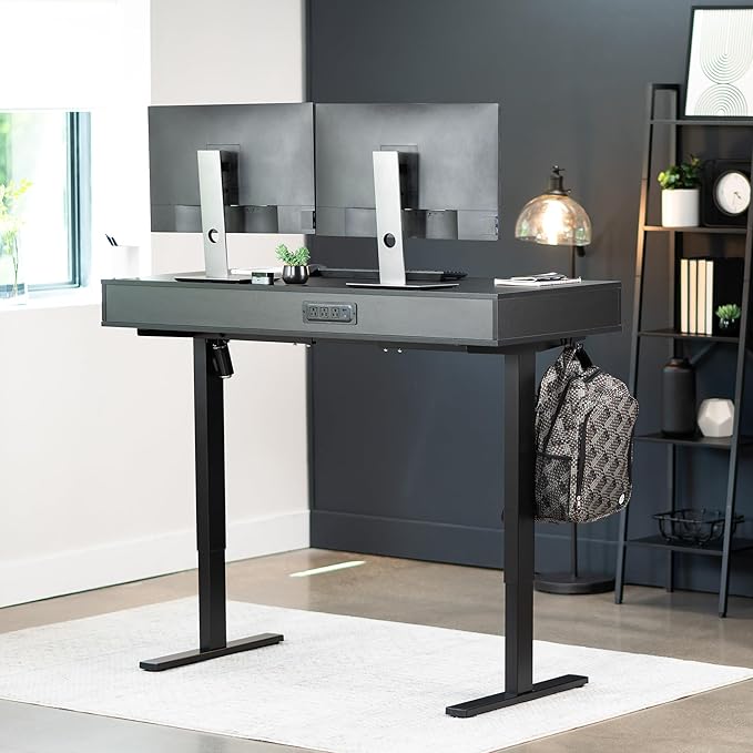 VIVO Electric 55 x 24 inch Height Adjustable Memory Standing Desk with Built-in Storage and Power Strip, Black Solid Top, Black Frame, DESK-KIT-1B55H-B