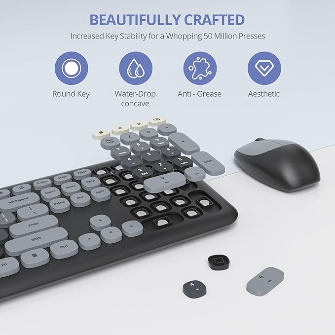 surmen Cute Keyboard and Mouse Wireless, Full-Size Retro Typewriter Wireless Silent Colorful Keyboard Low-Noise 2.4GHz for Home and Office (6-Gradient Dark)