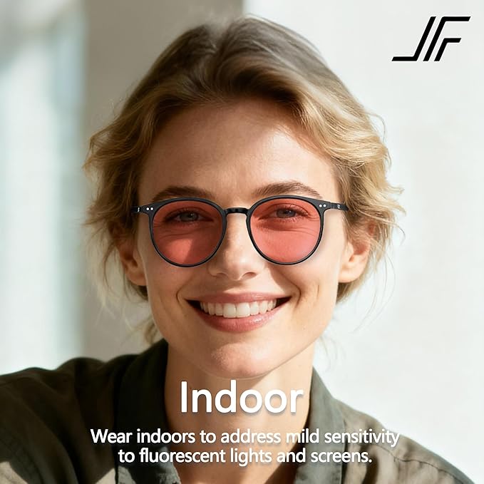 Indoor Fluorescent-41 Pink Round Tinted Blue Light Blocking Glasses for Migraine, Light Sensitivity, Photophobia & LED Gaming Computer Screen Glare RF6213