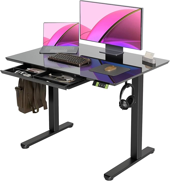 INNOVAR Glass Standing Desk with Drawers, 40×24 Inch Adjustable Stand Up Desk Quick Install Home Office Computer Desk, Black