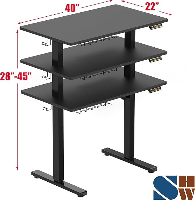 SHW 40 x 22 Inches Electric Height Adjustable Sit to Stand Desk with Hanging Hooks and Cable Management, Black Frame and Black Top