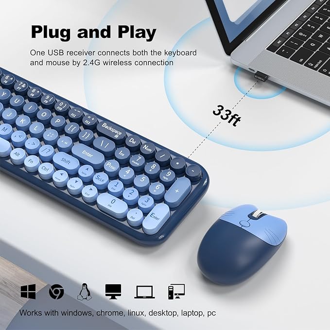 MOFII Wireless Keyboard and Mouse Combo, Compact Typewriter Retro Round Computer Keyboard and Mouse Set, Plug and Play, for Windows, Computer, Desktop, PC, Notebook - (Sea Blue Gradient)