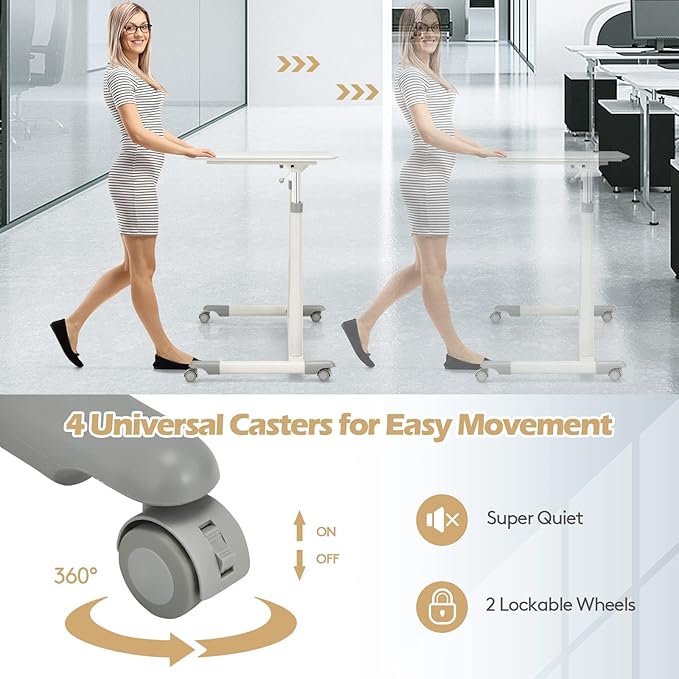 COSTWAY Mobile Height Adjustable Standing Desk, Compact Pneumatic Sit to Stand Computer Desk w/Lockable Casters, Ergonomic Rolling Laptop Table w/Steel Frame for Home Office (White)