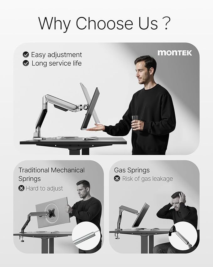 monTEK Deluxe Aluminum Monitor Arm with USB A/C for 17 to 40 Inch Curved Screens Fully Adjustable Single Monitor Arm with Clamp/Grommet, Quick Release Plate, Cable Management, VESA 75/100