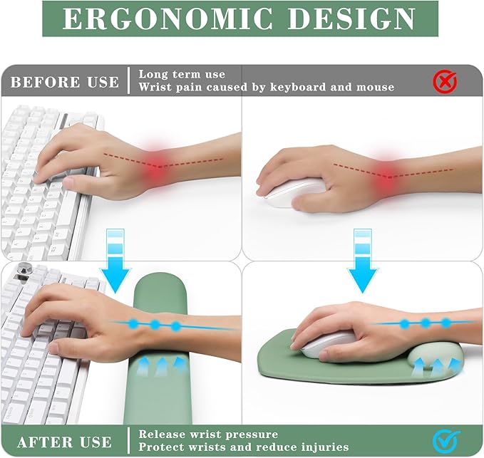 Wrist Rest for Keyboard and Mouse, Ergonomic Gel Computer Keyboard Wrist Rest with Memory Foam, Keyboard Wrist Support Pad for Long Hours of Work, Gaming, Studying-Relieve Wrist Pain (GD-Green)