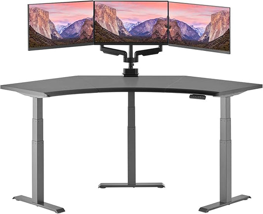 Vari Command Center Electric Standing Desk – 120° Curved Sit-Stand Gaming Desk Corner Workstation for Triple Monitors + Sloped Front Edge, 4 Height Settings, 200 lb Capacity (Black Top/Slate Legs)