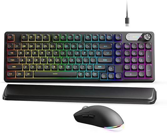 C98 Wired Keyboard and Mouse Combo, Wired Ergonomic Computer Keyboards with Wrist Palm, Double-Shot Keycaps, Silent RGB Backlight Quiet Keyboard for Windows/MAC/PC - Black