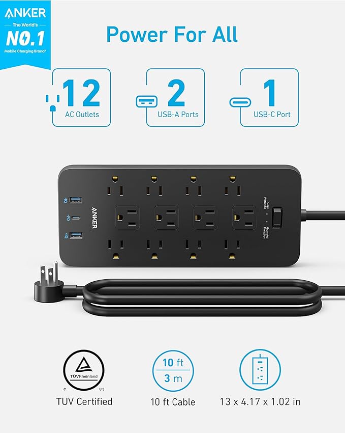 Anker Power Strip with 2100J Surge Protector, Outlet Extender, 10ft Extension Cord with Multiple Outlets, 12 AC, 2 USB A,1 USB C Port for 20W, Home Office, Dorm Room Essentials, TUV Listed
