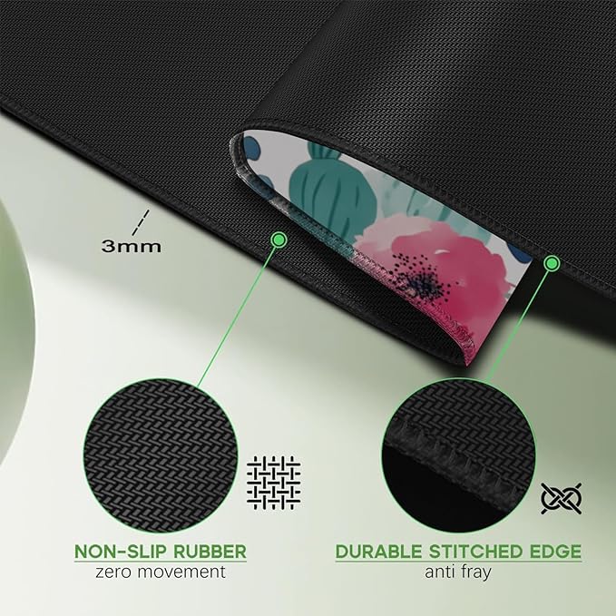 Pink Floral Mouse Pad 31.5x11.8 Inch, Women Girls Flowers Lager Desk mat with Non-Slip Base, Micro-Woven Fabric Stitched Edges for Office Computer Gaming