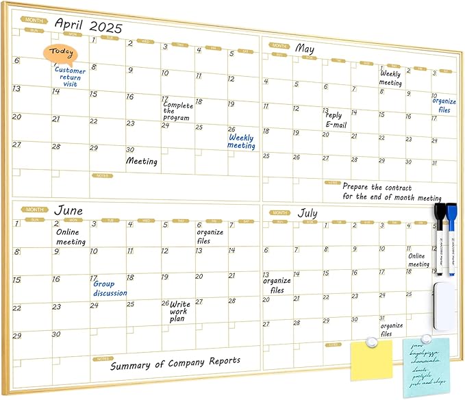 ARCOBIS Magnetic Calendar Whiteboard 36" x 24", 4 Months Dry Erase Calendar for Wall, Gold Frame White Board for Office, Home, School