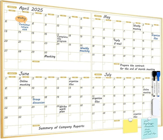 ARCOBIS Magnetic Calendar Whiteboard 36" x 24", 4 Months Dry Erase Calendar for Wall, Gold Frame White Board for Office, Home, School
