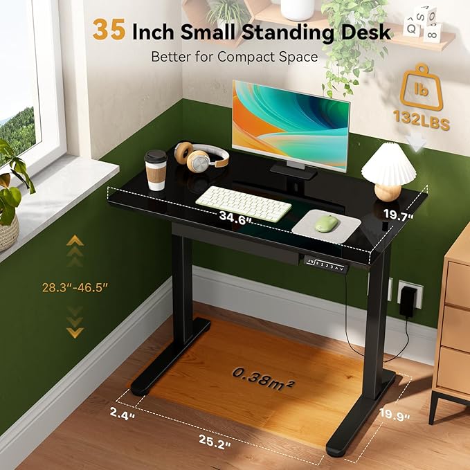 Glass Standing Desk with Drawer, Electric Sit Stand Desk with Wheels, 35×20Inch Whole Piece Height Adjustable Rising Table, Small Computer Workstation, Black
