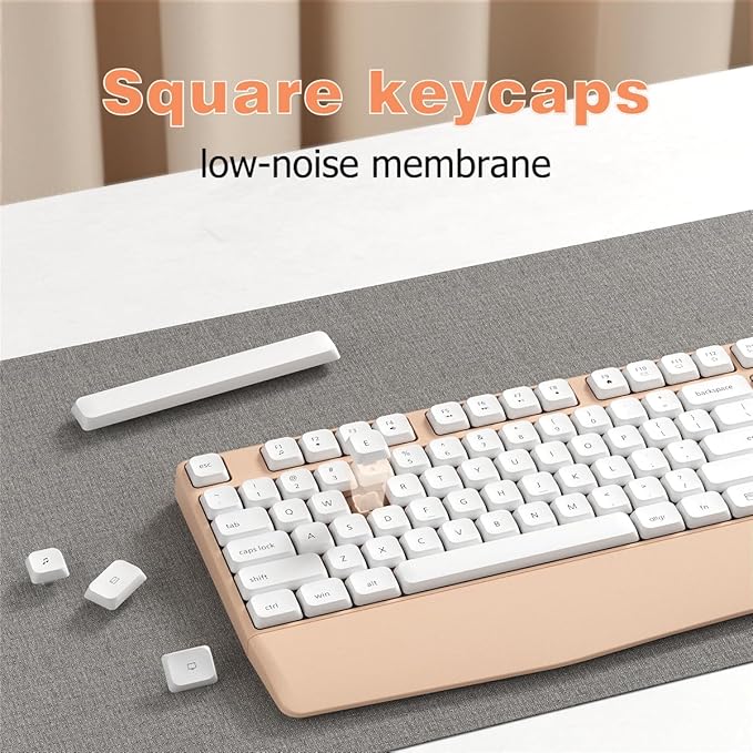 Wireless Keyboard and Mouse Combo, Ergonomic Keyboard with Wrist Rest, 2.4Ghz Wireless Connection, Compatible with PC/Laptop/Windows/Mac for Home and Office Use (White Milk Tea)