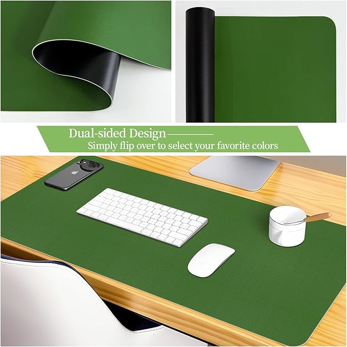 Green Leather Desk Mat, Dual-Side Use Desk Matt for Desktop, Waterproof Computer Mats for Office/Study/Home