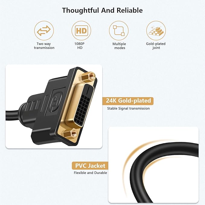 HDMI to DVI Adapter Cable, Bi-Directional HDMI Male to DVI-D (24+1) Female Converter Cord 1080P DVI to HDMI HD Video Adapter Wire for HDTV, PC, Xbox, Blue-ray DVD, A/V Receivers
