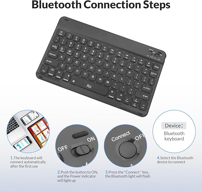 Rii RK302 Ultra-Slim Bluetooth Keyboard for ipad,iPhone,Android,Samsung,Windows,Mac,Linux,Tablet,Laptop, Rechargeable Ergonomic Wireless Keyboard,Black