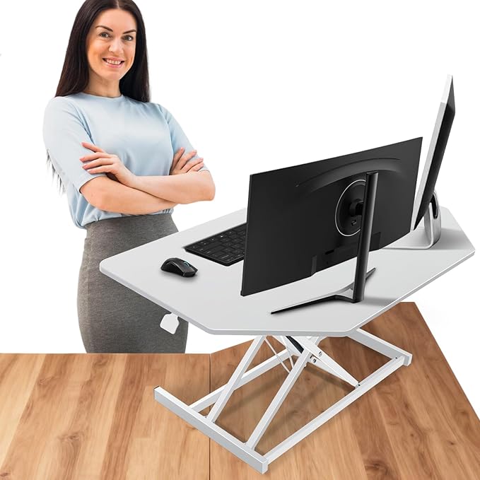 32 inch White Corner Standing Desk Converter, Assembled One-Click Sit to Stand up Desk Riser, for Dual Monitor and Laptop Height Adjustable Workstation