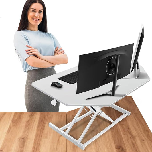 32 inch White Corner Standing Desk Converter, Assembled One-Click Sit to Stand up Desk Riser, for Dual Monitor and Laptop Height Adjustable Workstation