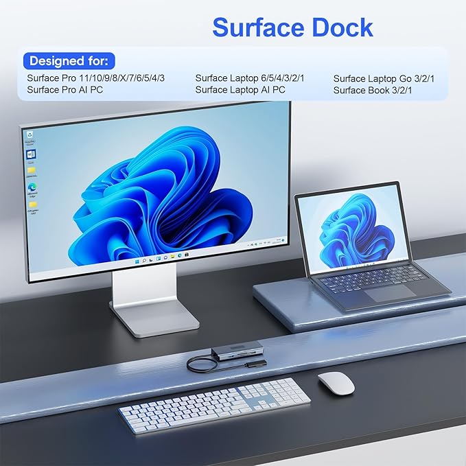 11-in-1 Surface Pro Docking Station, New Surface Dock 4K@60HZ HDMI, Surface Docking Station for Surface Pro 11/10/9/8/X/7/6/5/4/3, Surface Laptop 6/5/4/3/2/1, Surface Laptop Go 3/2/1, Surface Book