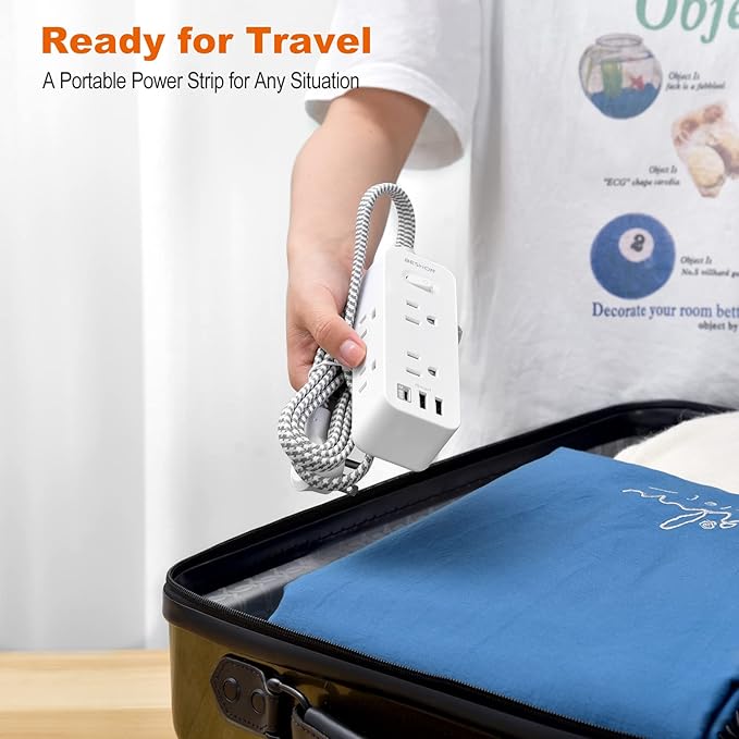 Extension Cord 20FT, BESHON Power Strip Surge Protector, 6 Outlets with 3 USB Ports(1 USB C Outlet), 3-Side Outlet Extender, Wall Mount, Compact for Travel, Home, College Dorm Room, and Office