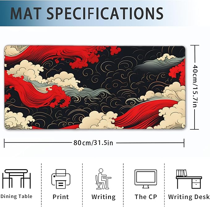 Gaming Mouse Pad, Japanese Sea Waves Extended Mouse Pad Gaming Large, Big Desk Mat with Non-Slip Base and Stitched Edge, Long Computer Keyboard Mouse Mat for Home Office Work 31.5"x15.7"