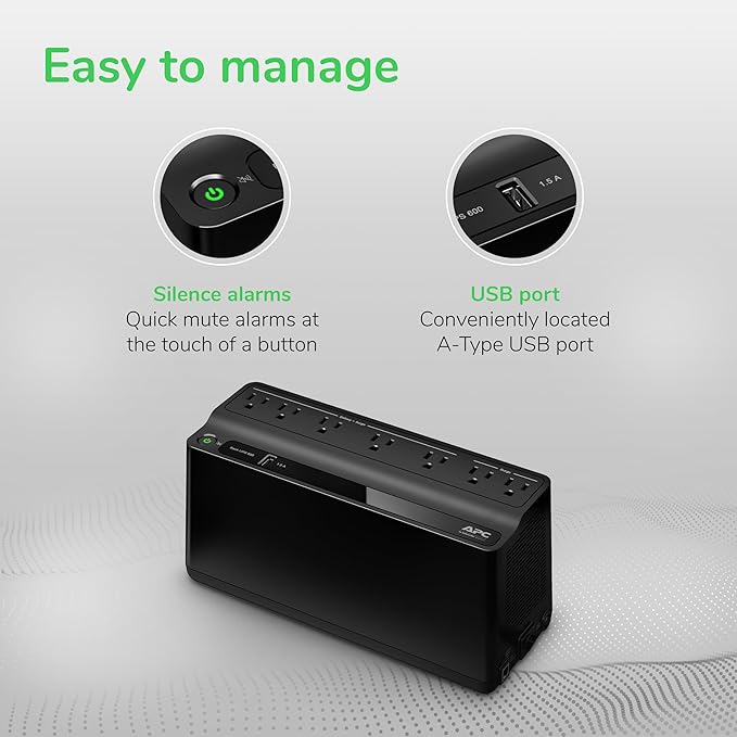 APC UPS 600VA / 330W UPS Battery Backup & Surge Protector, 7 Outlets (NEMA 5-15R), USB Charging Port, BE600M1 Uninterruptible Power Supply for Computers, Wi-Fi Routers, and Home Office Electronics