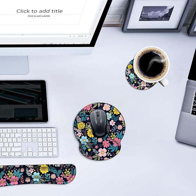 Mouse Pad Wrist Support and Keyboard Wrist Rest with Coaster,Non-Slip Rubber Base Ergonomic Gaming Mousepad for Home Office Working Studying Easy Typing & Pain Relief,Colorful Blooming Floral Flower