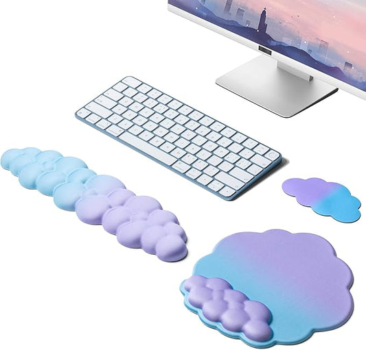 OUEST Cloud Wrist Rest Keyboard and Mouse Pad with Cute Ergonomic Memory Foam Non-Slip PU Base for Computer Mac Laptop Office Gaming-Purple/Cyan