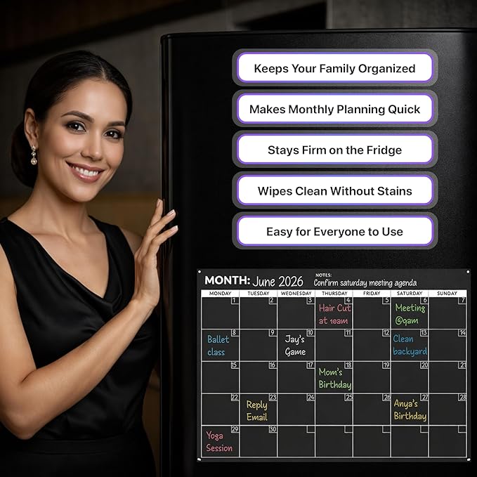 Fridge Calendar Acrylic 17x12”, Start Monday | Magnetic Calendar for Refrigerator | Acrylic Dry Erase Whiteboard Calendar for Fridge | Family Schedule Board with 5 Markers & Eraser by Freedom Mastery