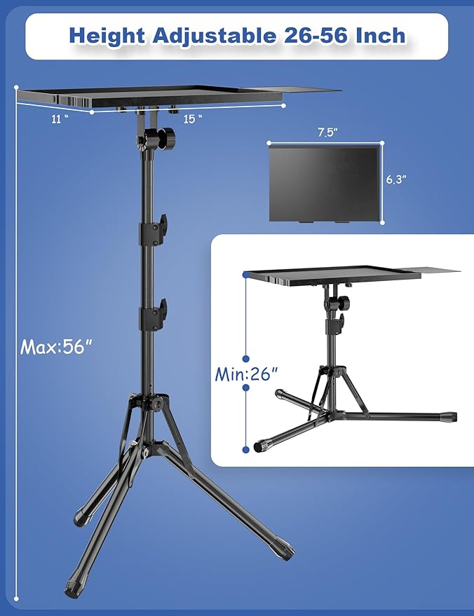 Projector Stand, Adjustable Height 26 to 56 Inch Laptop Tripod, Laptop Stand with Mouse Tray, Foldable Tripod for Projector with Carry Bag, Portable Podium Stand for Office, Home, Stage, DJ