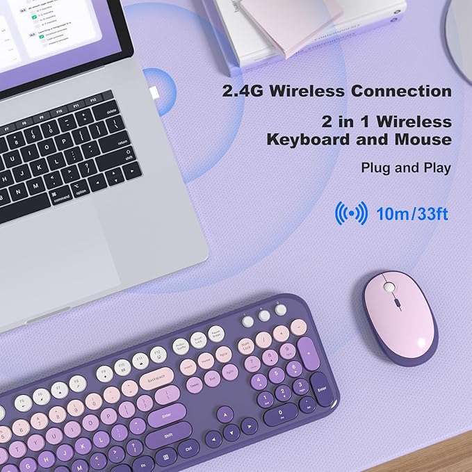 MOFII Wireless Keyboard and Mouse Combo - Purple-Gradient Full-Sized Plug and Play Colorful Computer Keyboards - 104 Keys Round Keycap USB 2.4G Cute Keyboard for Windows/Laptop/Mac/Desktop/PC
