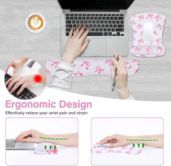 MOSISO Wrist Rest Support for Mouse Pad&Keyboard Set, Pink Bows Ergonomic Mousepad&Coaster Non-Slip Base Home/Office Pain Relief&Easy Typing Cushion with Neoprene Cloth&Raised Memory Foam, White