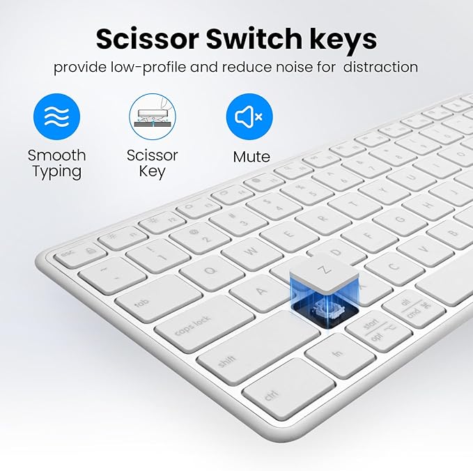 Wireless Bluetooth Keyboard Stainless Steel Multi-Device Full Size Keyboard with Numeric Keypad Low Profile Silent Cordless Keyboards Quiet Typing for Computer/Windows/PC/Laptop(Silver White)